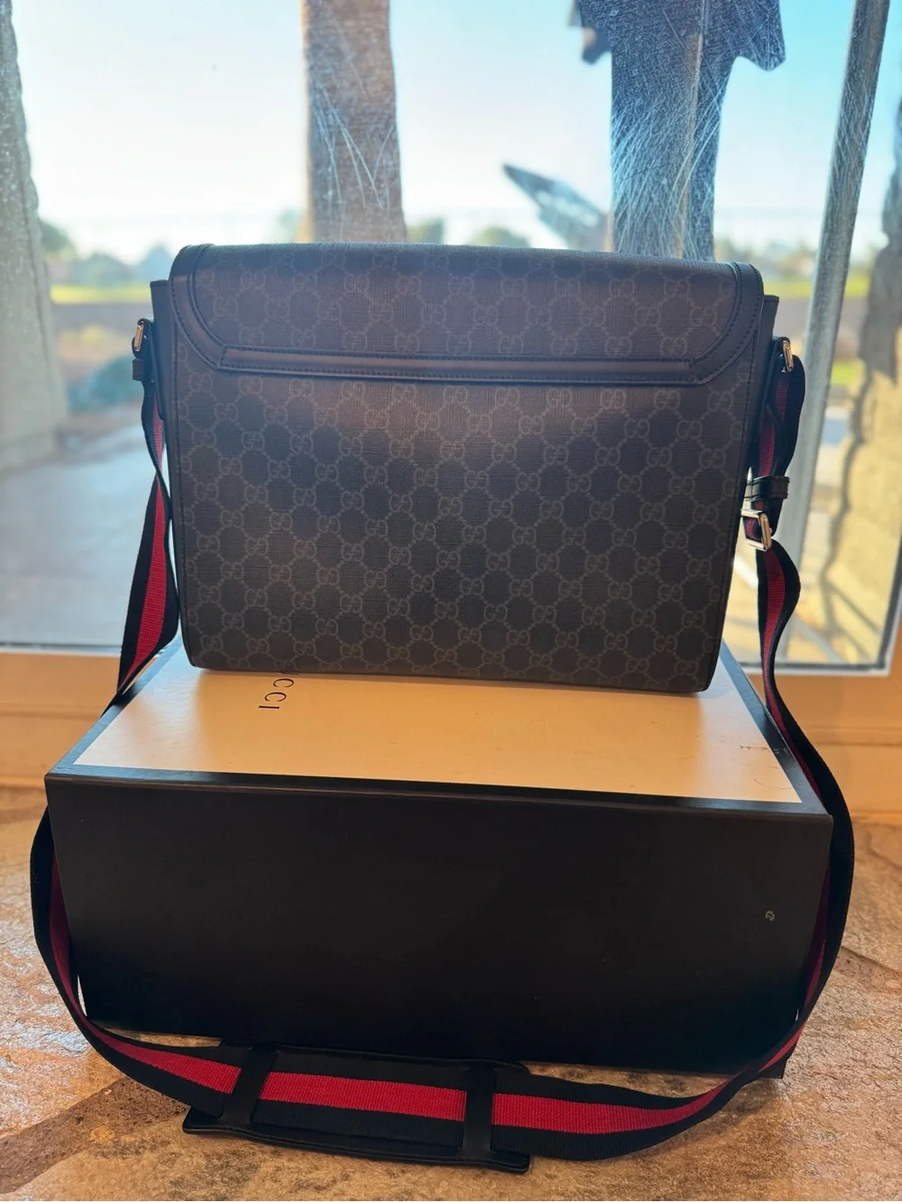 Gucci Navy GG Supreme Messenger Bag with Multicolor Planet & Patch Accents